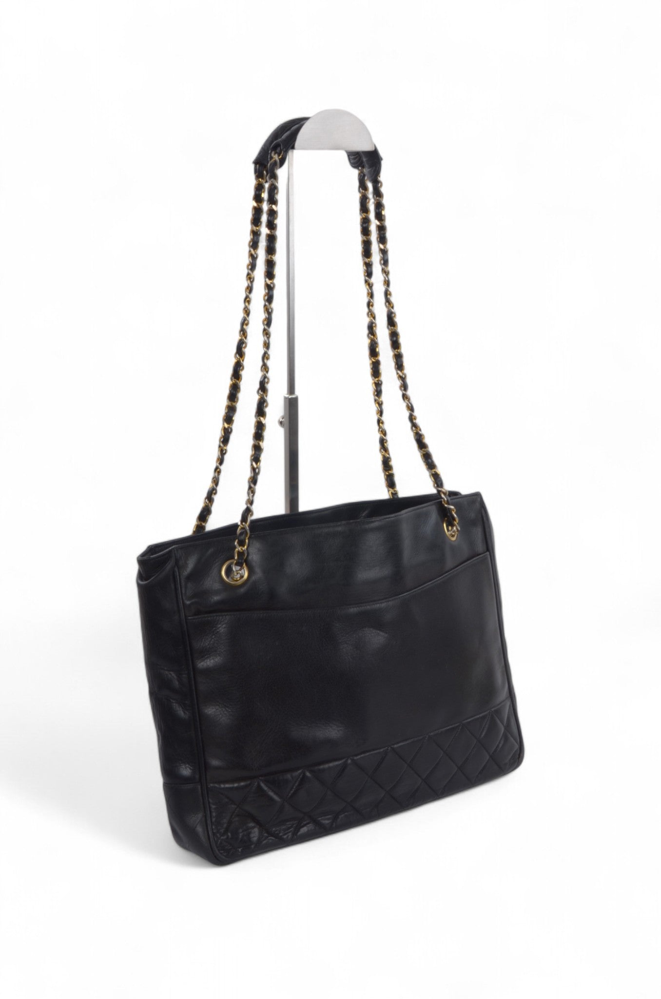 Chanel Matelasse Quilted Lambskin Chain Tote Handbag Leather Black Shoulder Gold Vintage Designer Classic Authentic