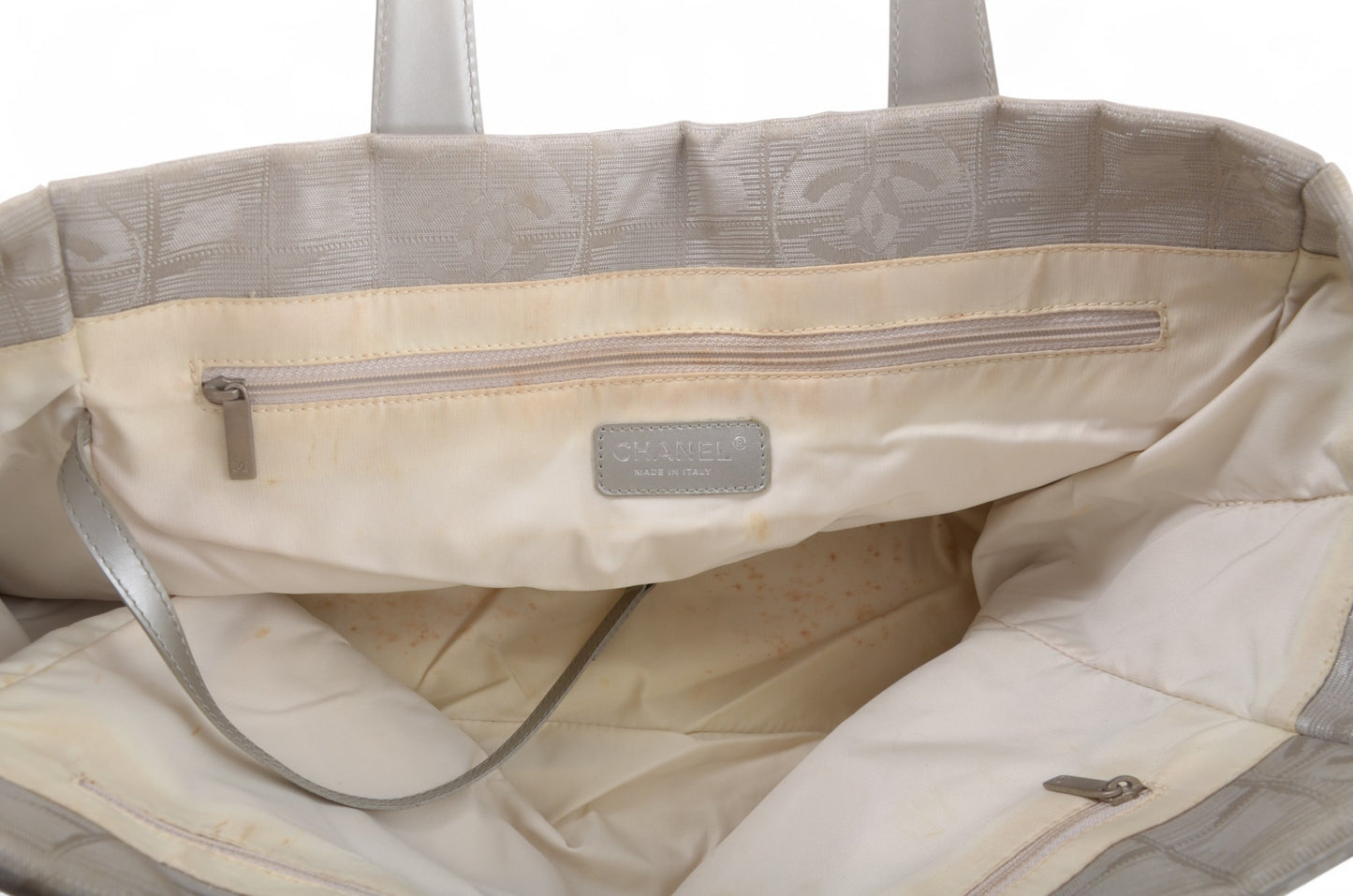 Chanel Silver Nylon CC Logo Vintage Travel Line Tote Shoulder Bag Handbag Designer Classic Authentic