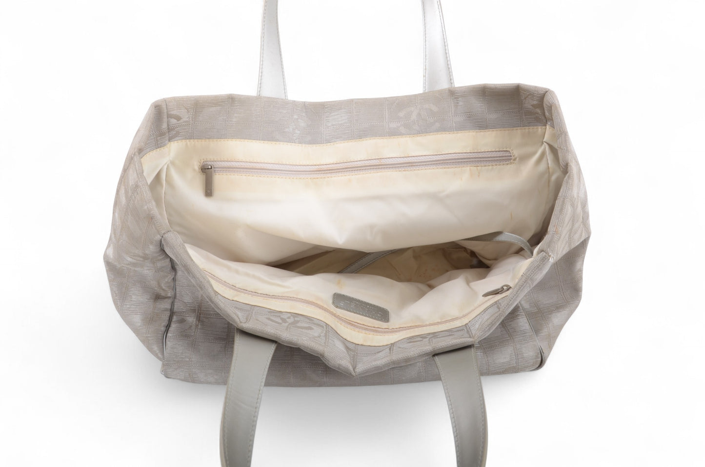 Chanel Silver Nylon CC Logo Vintage Travel Line Tote Shoulder Bag Handbag Designer Classic Authentic