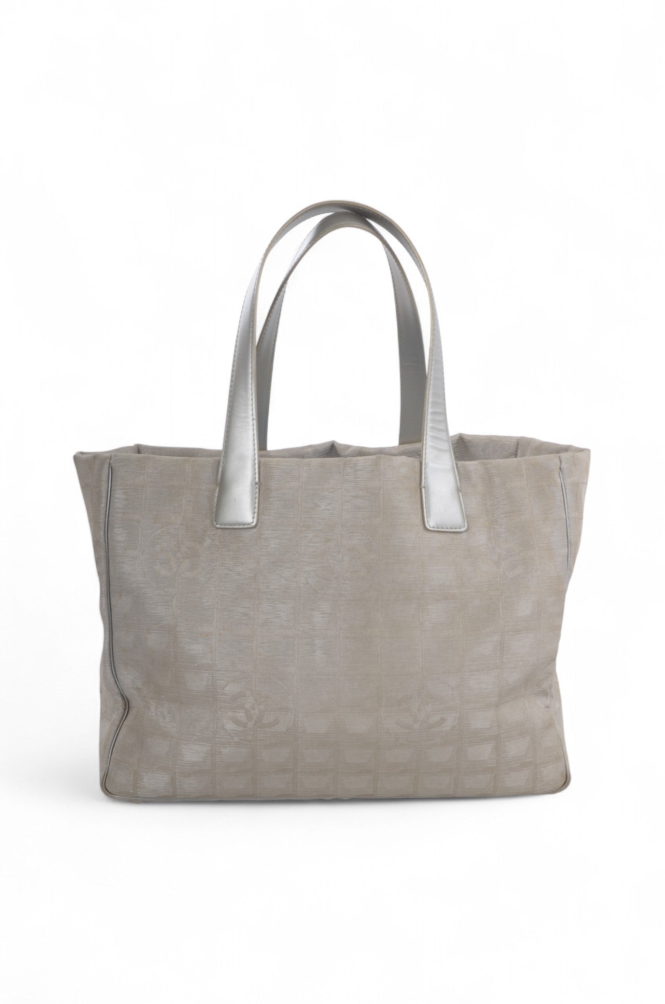 Chanel Silver Nylon CC Logo Vintage Travel Line Tote Shoulder Bag Handbag Designer Classic Authentic