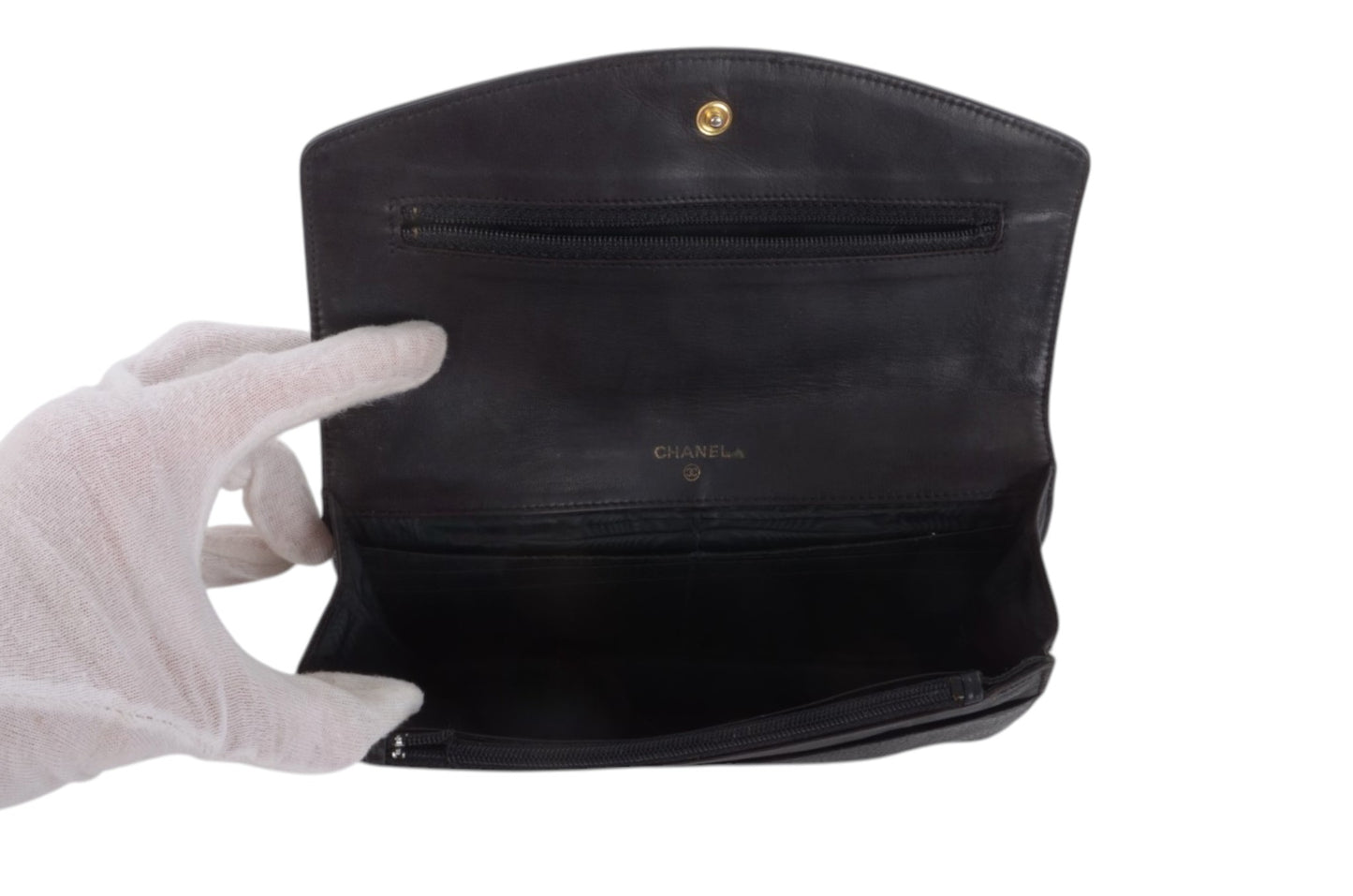 Chanel Caviar Leather Bifold Wallet Crossbody Clutch Bag Vintage Black Designer Classic