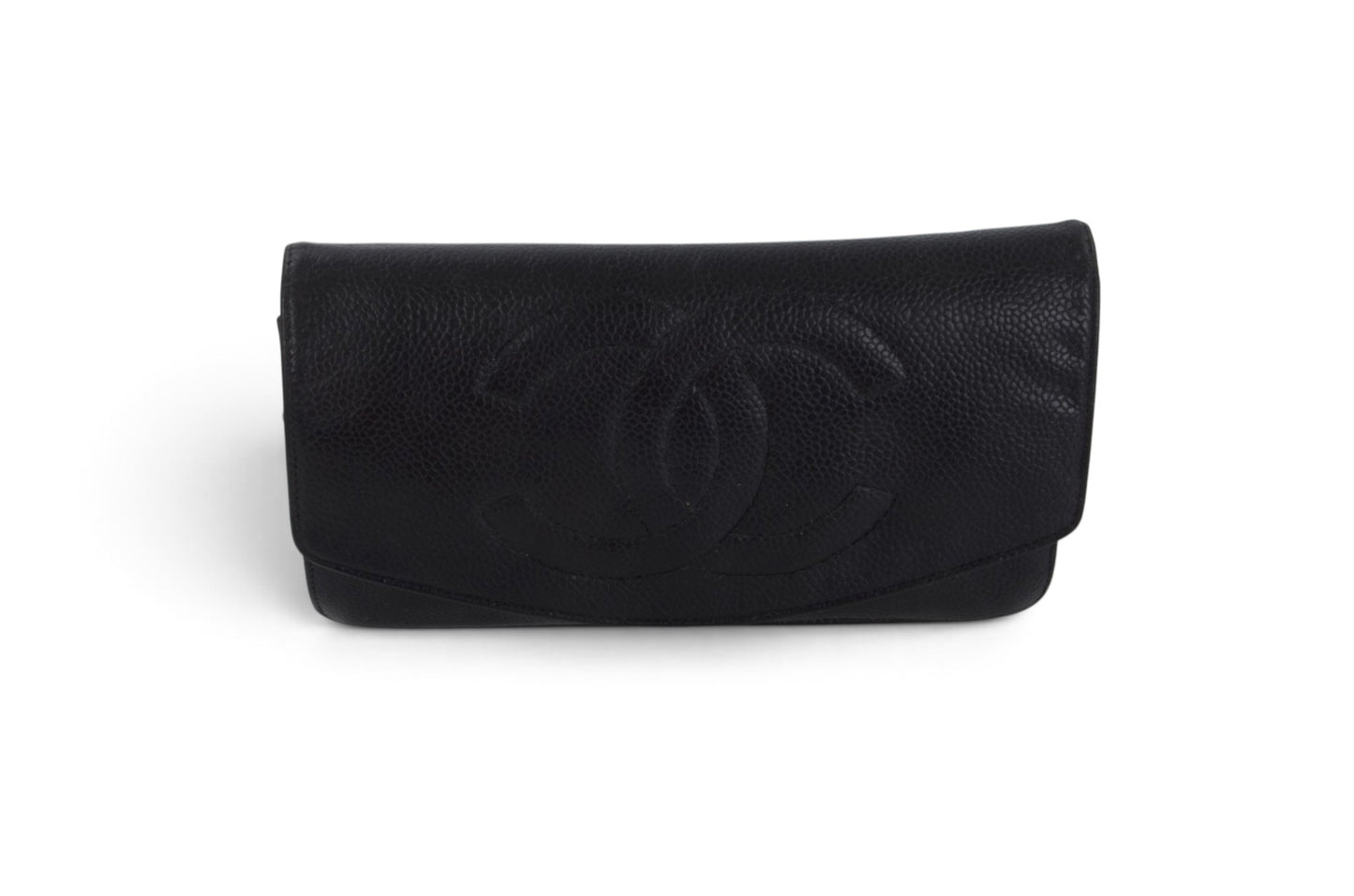Chanel Caviar Leather Bifold Wallet Crossbody Clutch Bag Vintage Black Designer Classic