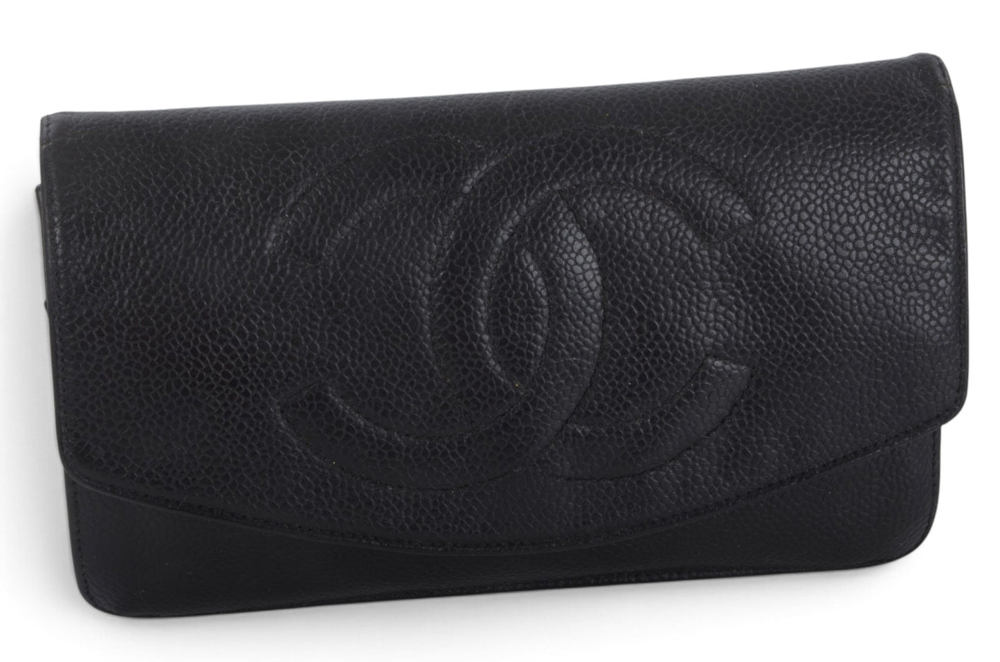 Chanel Caviar Leather Bifold Wallet Crossbody Clutch Bag Vintage Black Designer Classic