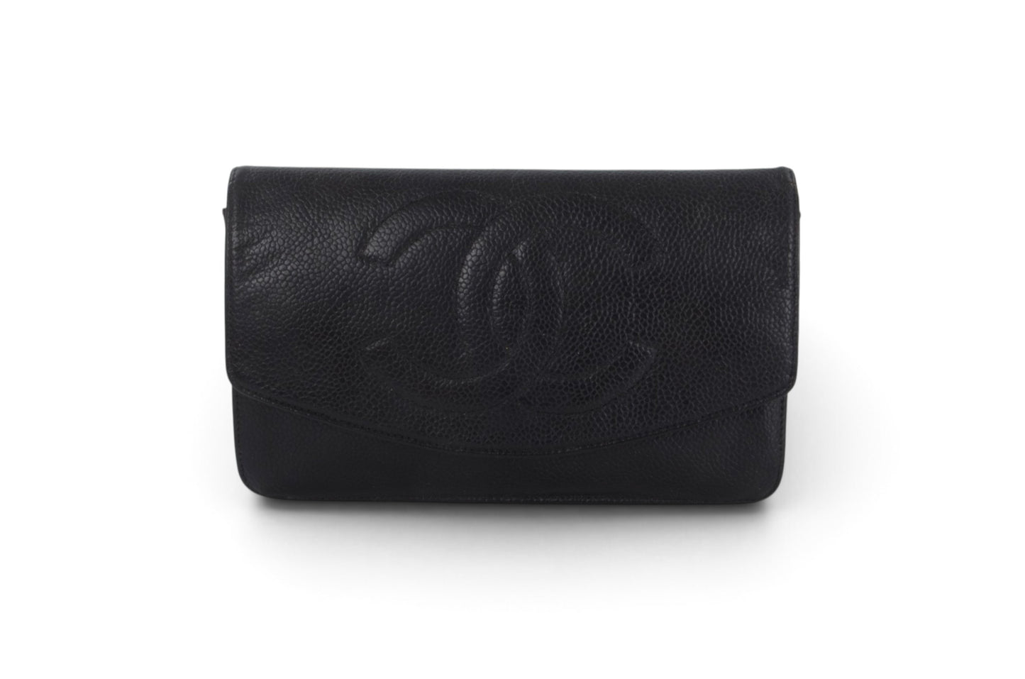 Chanel Caviar Leather Bifold Wallet Crossbody Clutch Bag Vintage Black Designer Classic