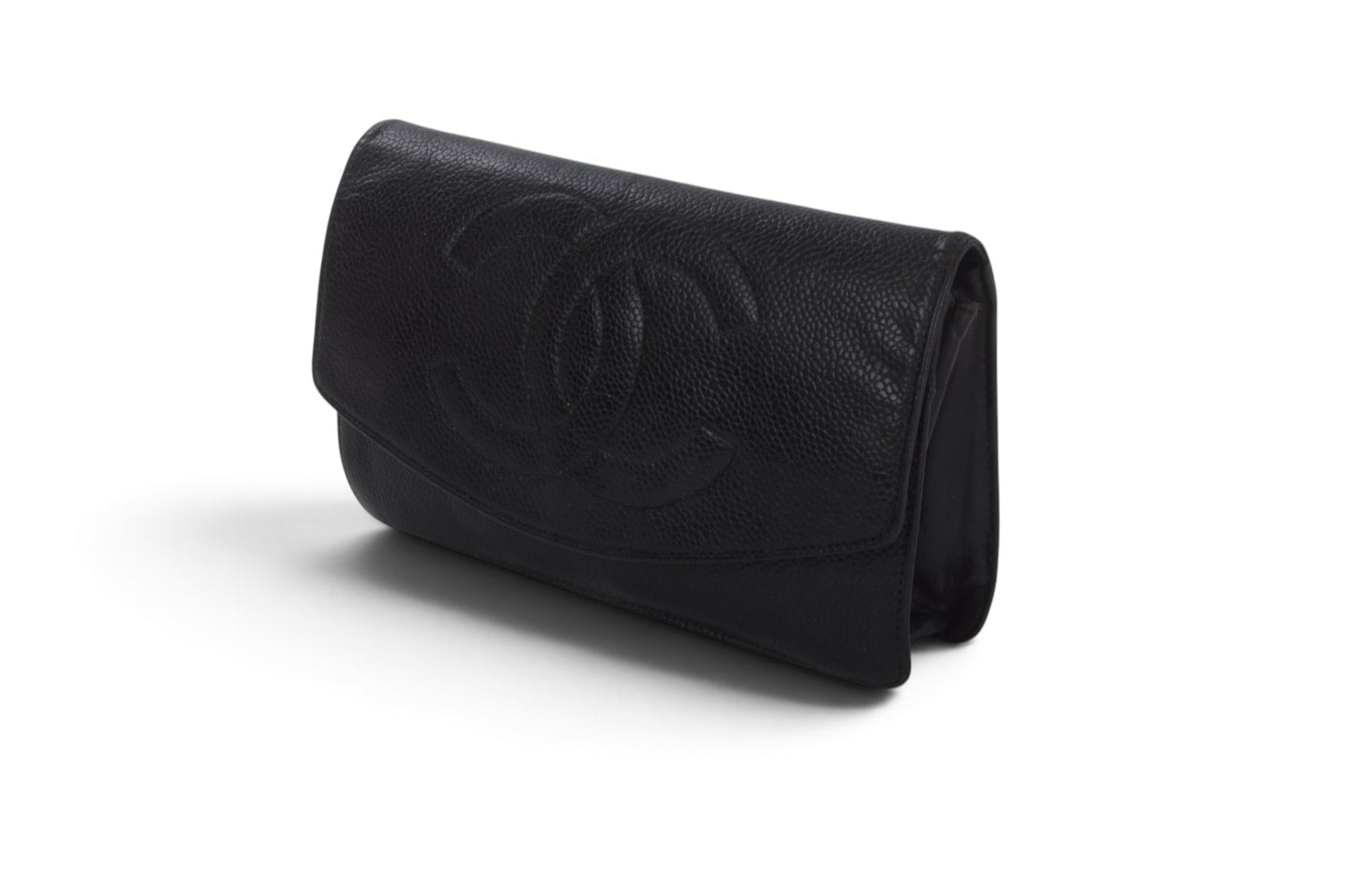 Chanel Caviar Leather Bifold Wallet Crossbody Clutch Bag Vintage Black Designer Classic