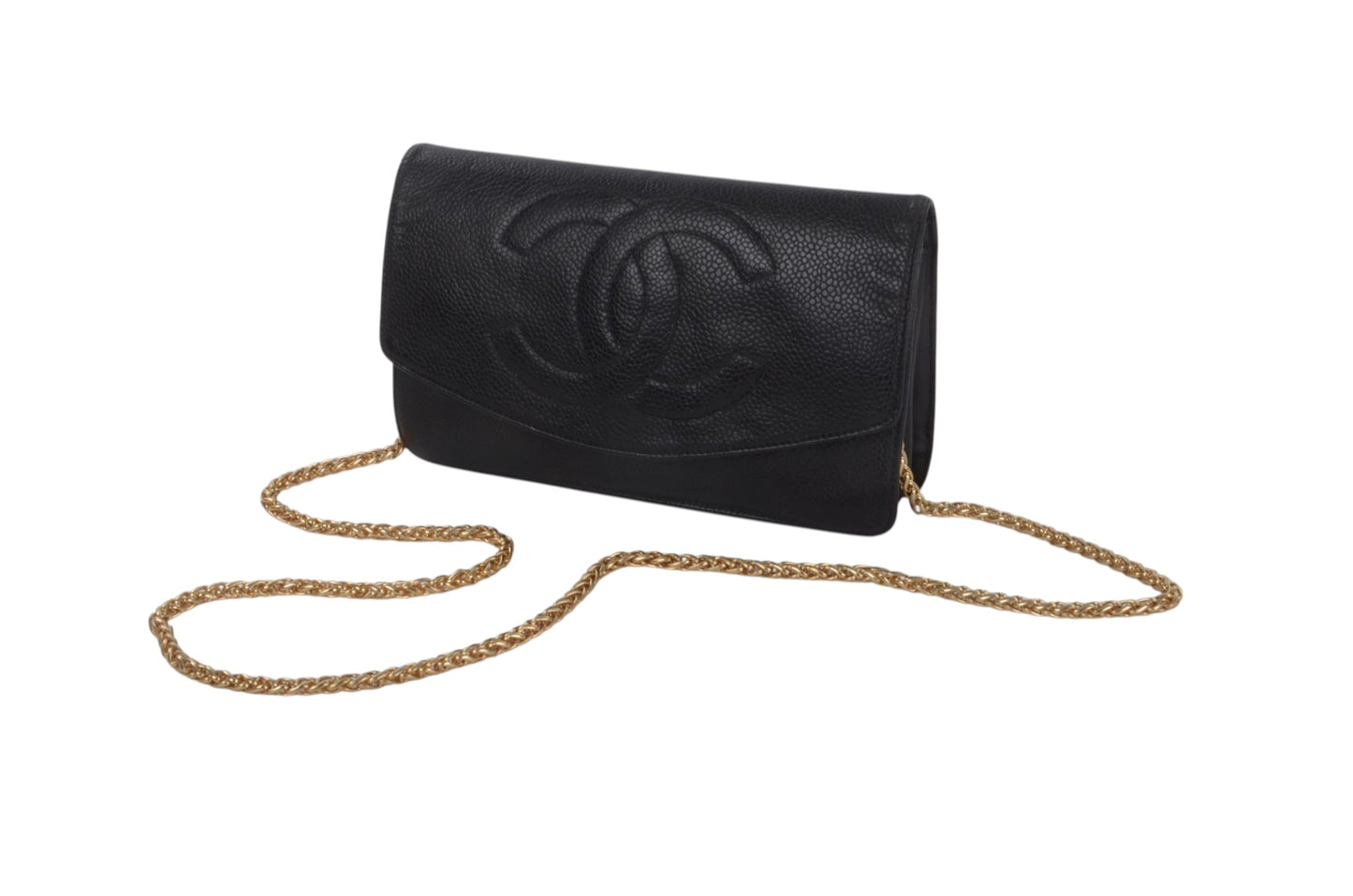 Chanel Caviar Leather Bifold Wallet Crossbody Clutch Bag Vintage Black Designer Classic