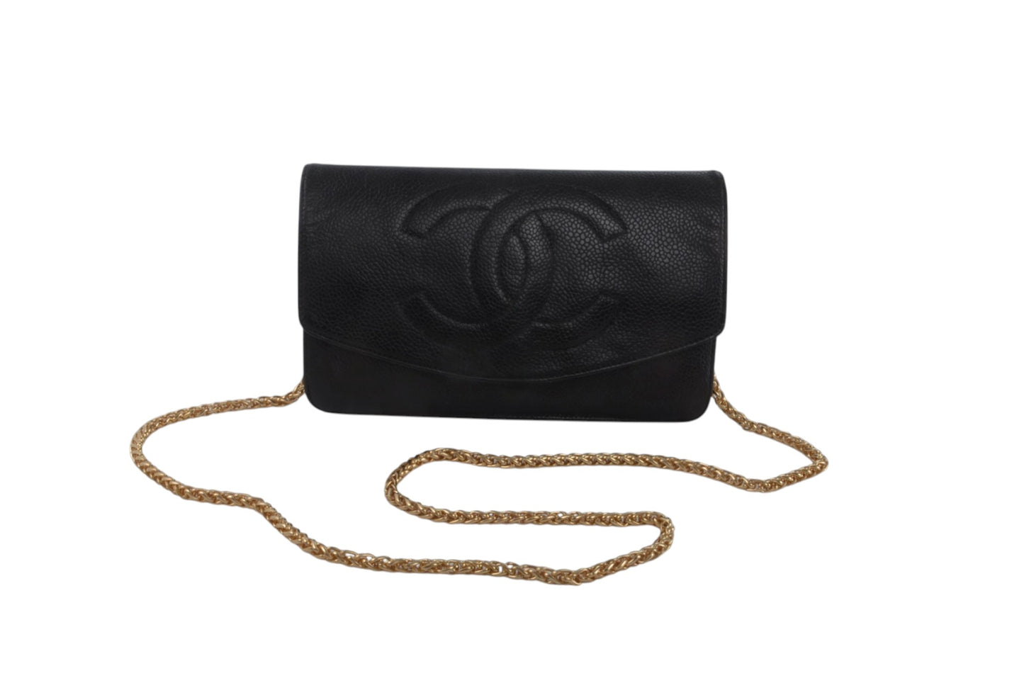 Chanel Caviar Leather Bifold Wallet Crossbody Clutch Bag Vintage Black Designer Classic
