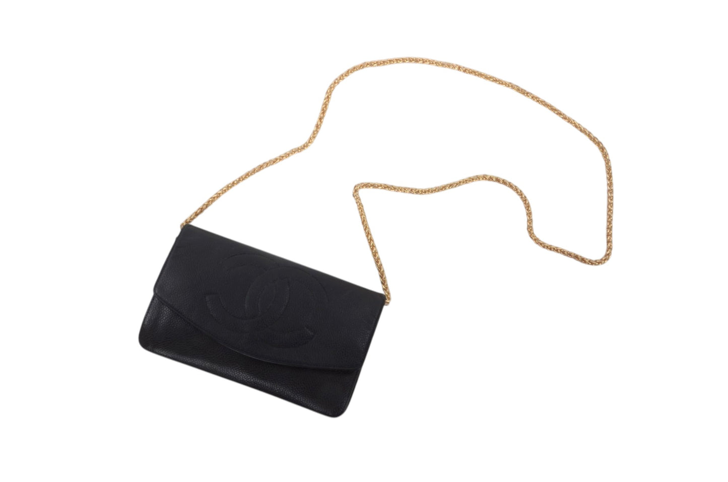 Chanel Caviar Leather Bifold Wallet Crossbody Clutch Bag Vintage Black Designer Classic