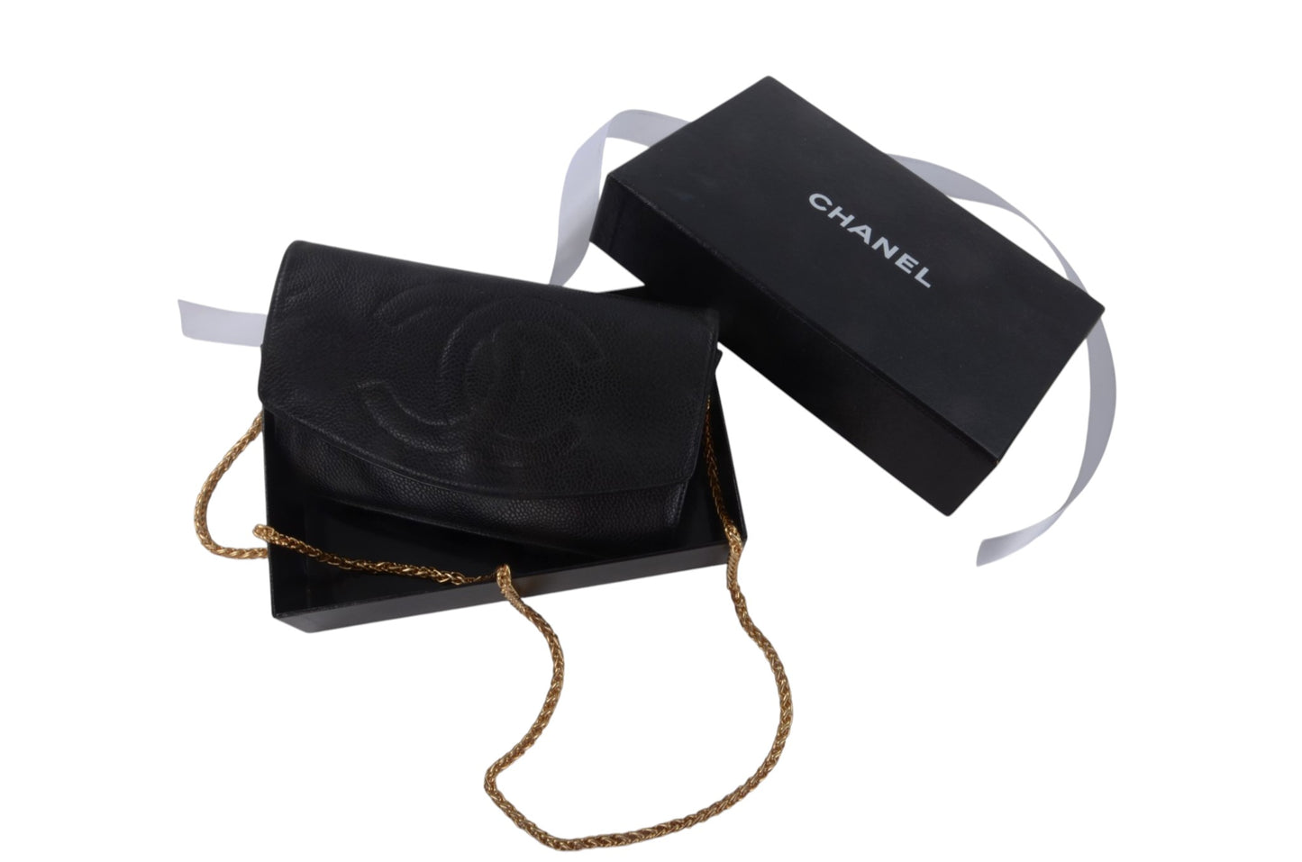 Chanel Caviar Leather Bifold Wallet Crossbody Clutch Bag Vintage Black Designer Classic
