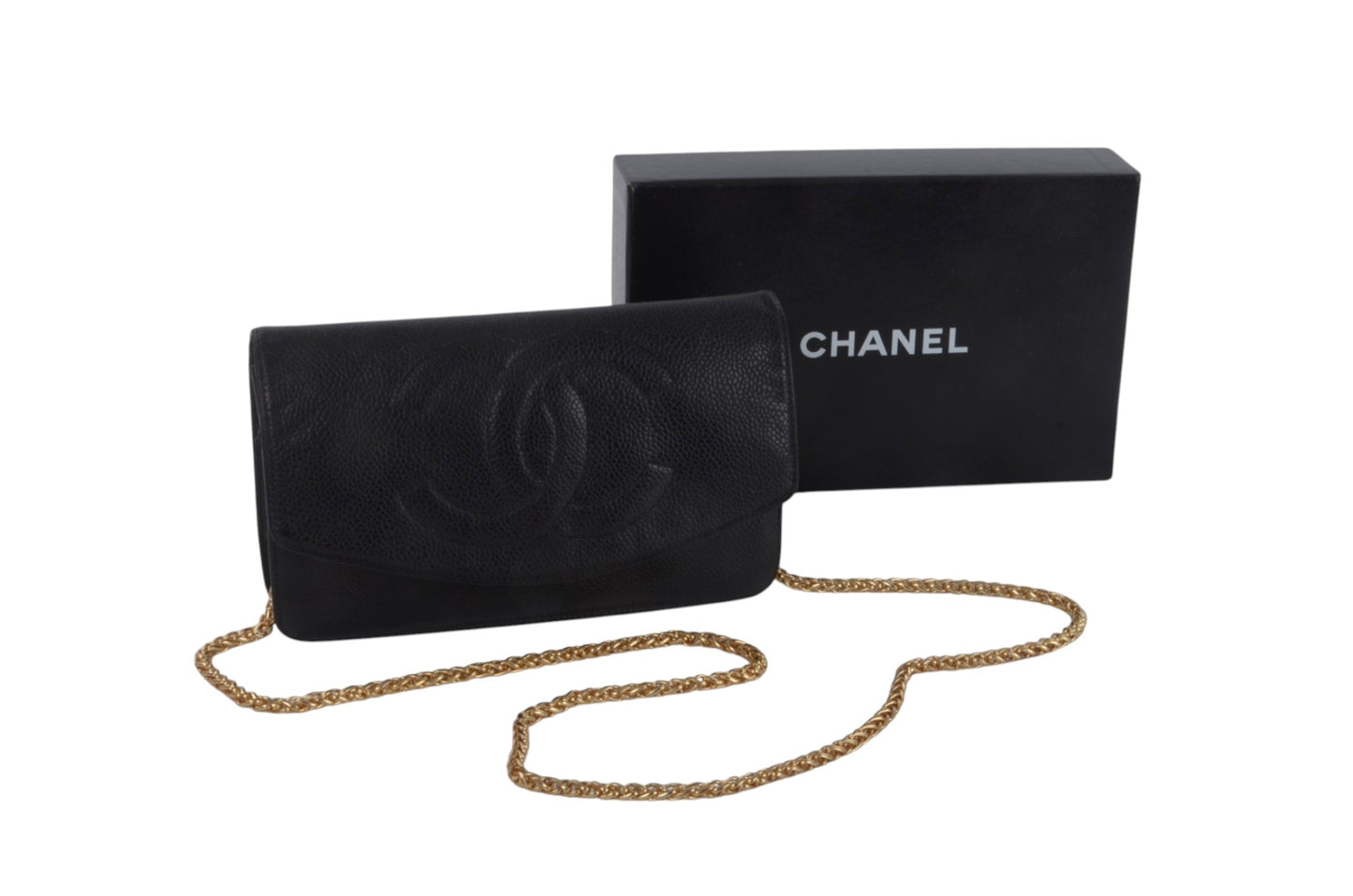 Chanel Caviar Leather Bifold Wallet Crossbody Clutch Bag Vintage Black Designer Classic