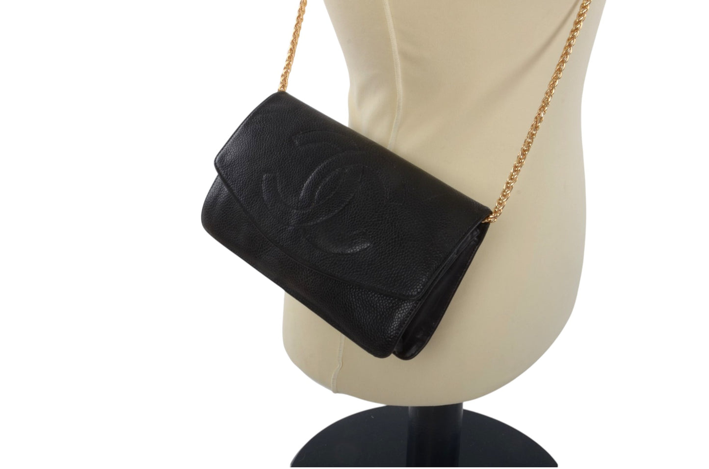 Chanel Caviar Leather Bifold Wallet Crossbody Clutch Bag Vintage Black Designer Classic