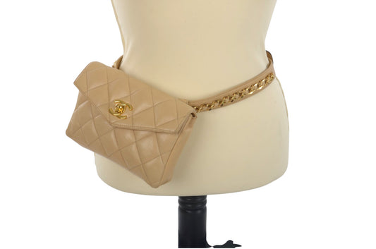 Chanel Matelasse Waistbag Pouch Waist Bag Lambskin Turn Lock Coco Mark Leather Beige Body Bag
