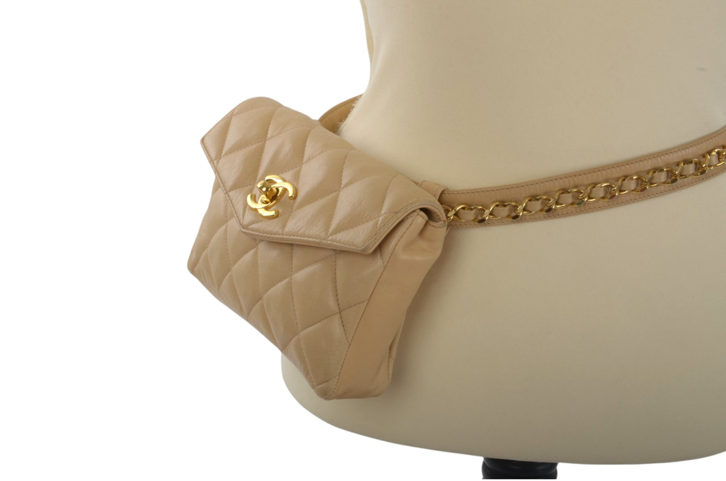 Chanel Matelasse Waistbag Pouch Waist Bag Lambskin Turn Lock Coco Mark Leather Beige Body Bag