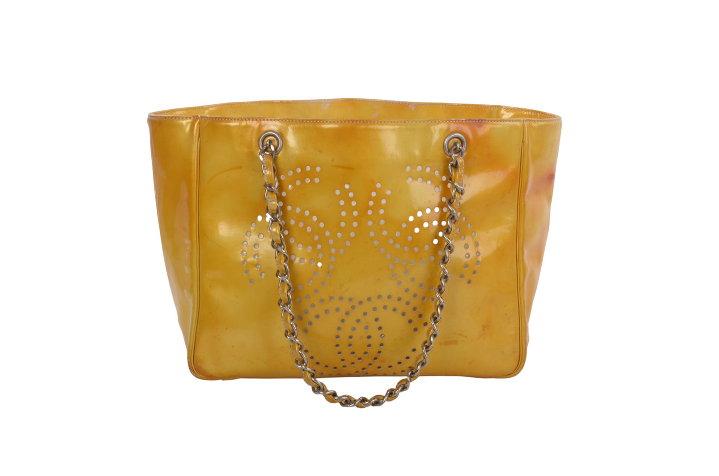 Chanel CC Logo Chain Shoulder Bag Patent Leather Tote Handbag Vintage Orange Designer Classic Authentic