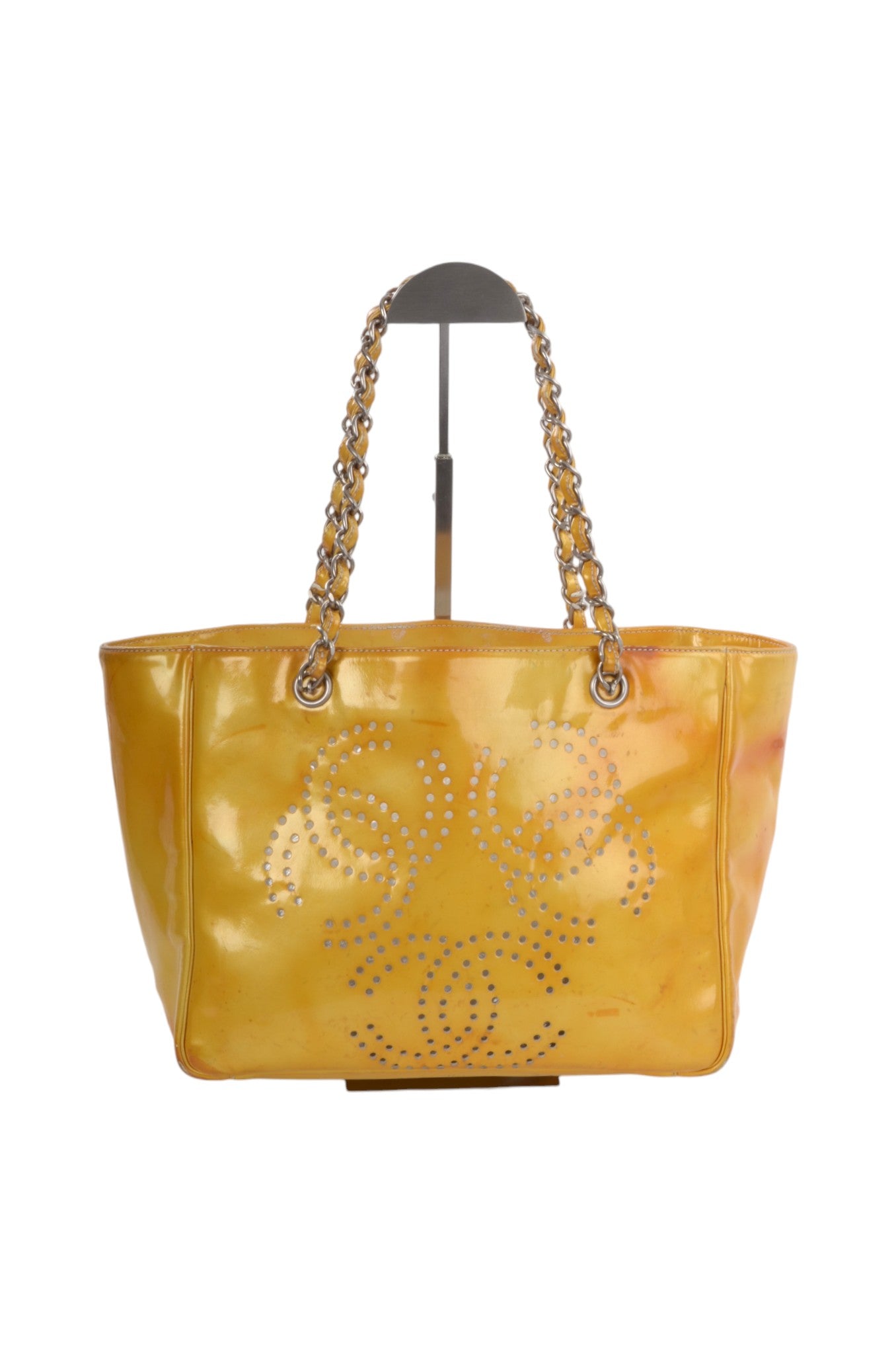 Chanel CC Logo Chain Shoulder Bag Patent Leather Tote Handbag Vintage Orange Designer Classic Authentic