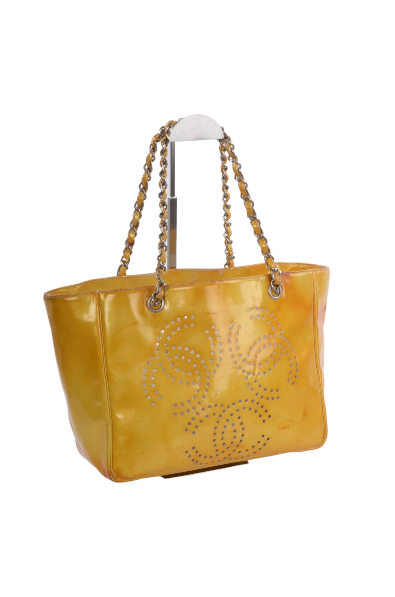 Chanel CC Logo Chain Shoulder Bag Patent Leather Tote Handbag Vintage Orange Designer Classic Authentic