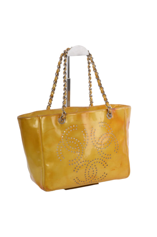 Chanel CC Logo Chain Shoulder Bag Patent Leather Tote Handbag Vintage Orange Designer Classic Authentic