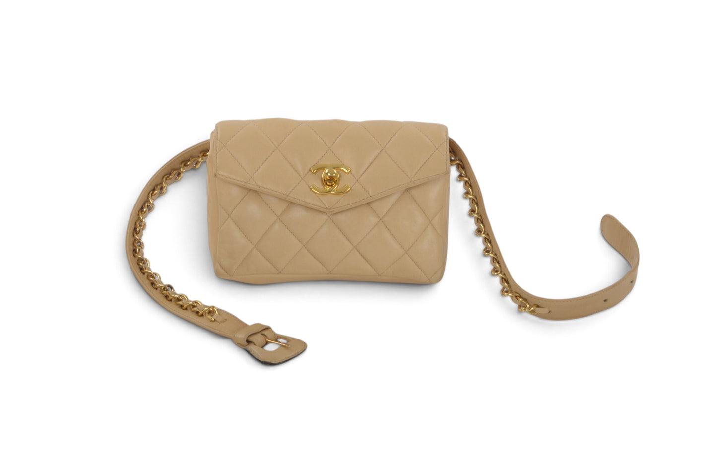 Chanel Matelasse Waistbag Pouch Waist Bag Lambskin Turn Lock Coco Mark Leather Beige Body Bag