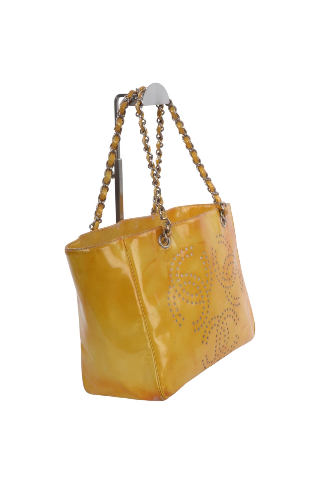 Chanel CC Logo Chain Shoulder Bag Patent Leather Tote Handbag Vintage Orange Designer Classic Authentic