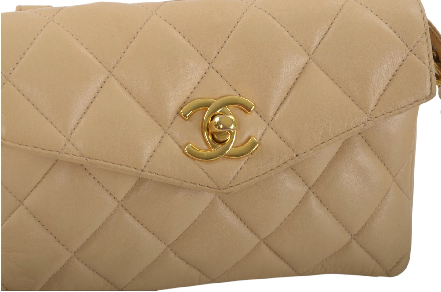 Chanel Matelasse Waistbag Pouch Waist Bag Lambskin Turn Lock Coco Mark Leather Beige Body Bag