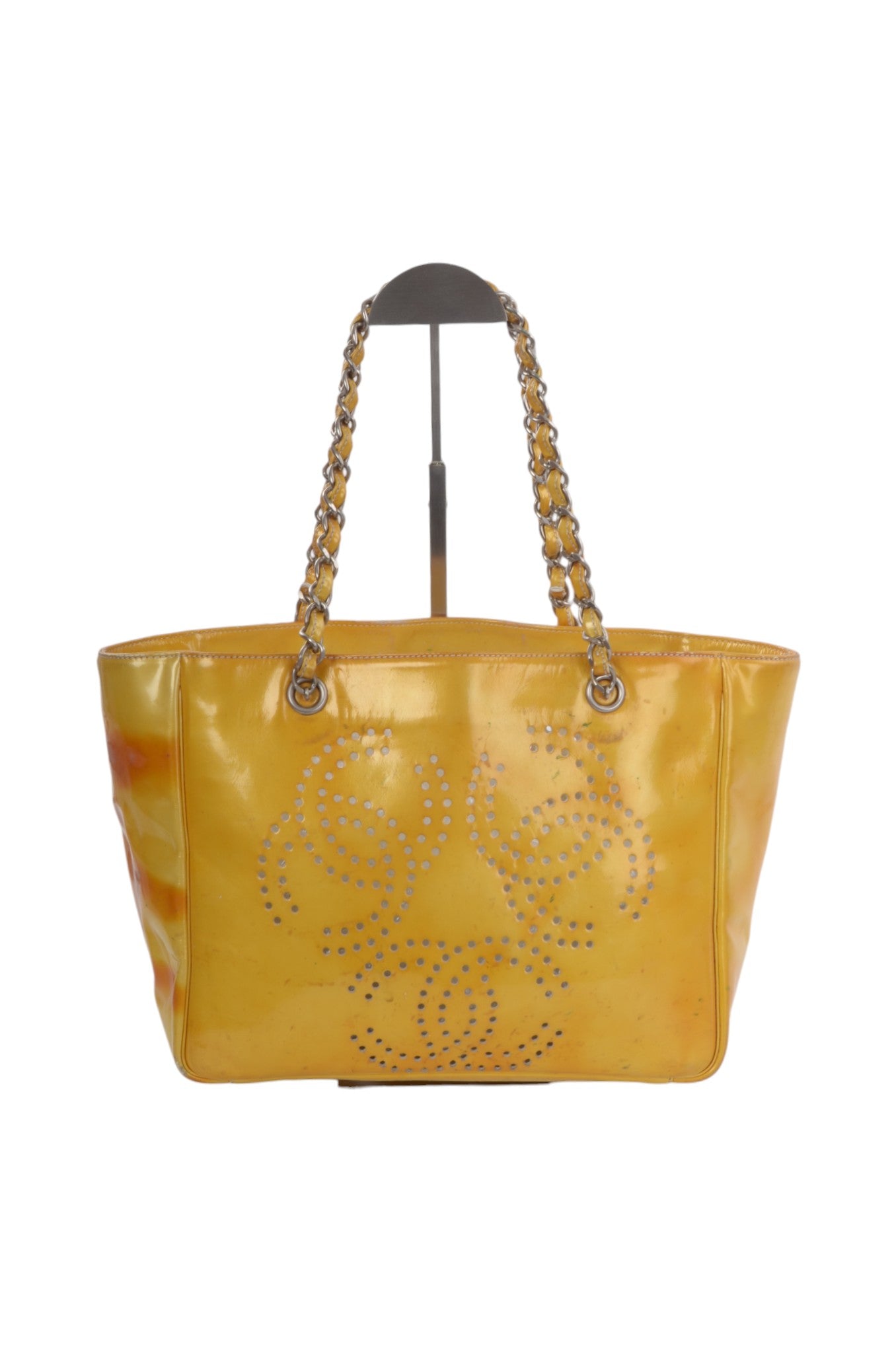 Chanel CC Logo Chain Shoulder Bag Patent Leather Tote Handbag Vintage Orange Designer Classic Authentic