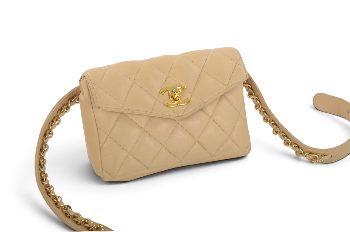 Chanel Matelasse Waistbag Pouch Waist Bag Lambskin Turn Lock Coco Mark Leather Beige Body Bag