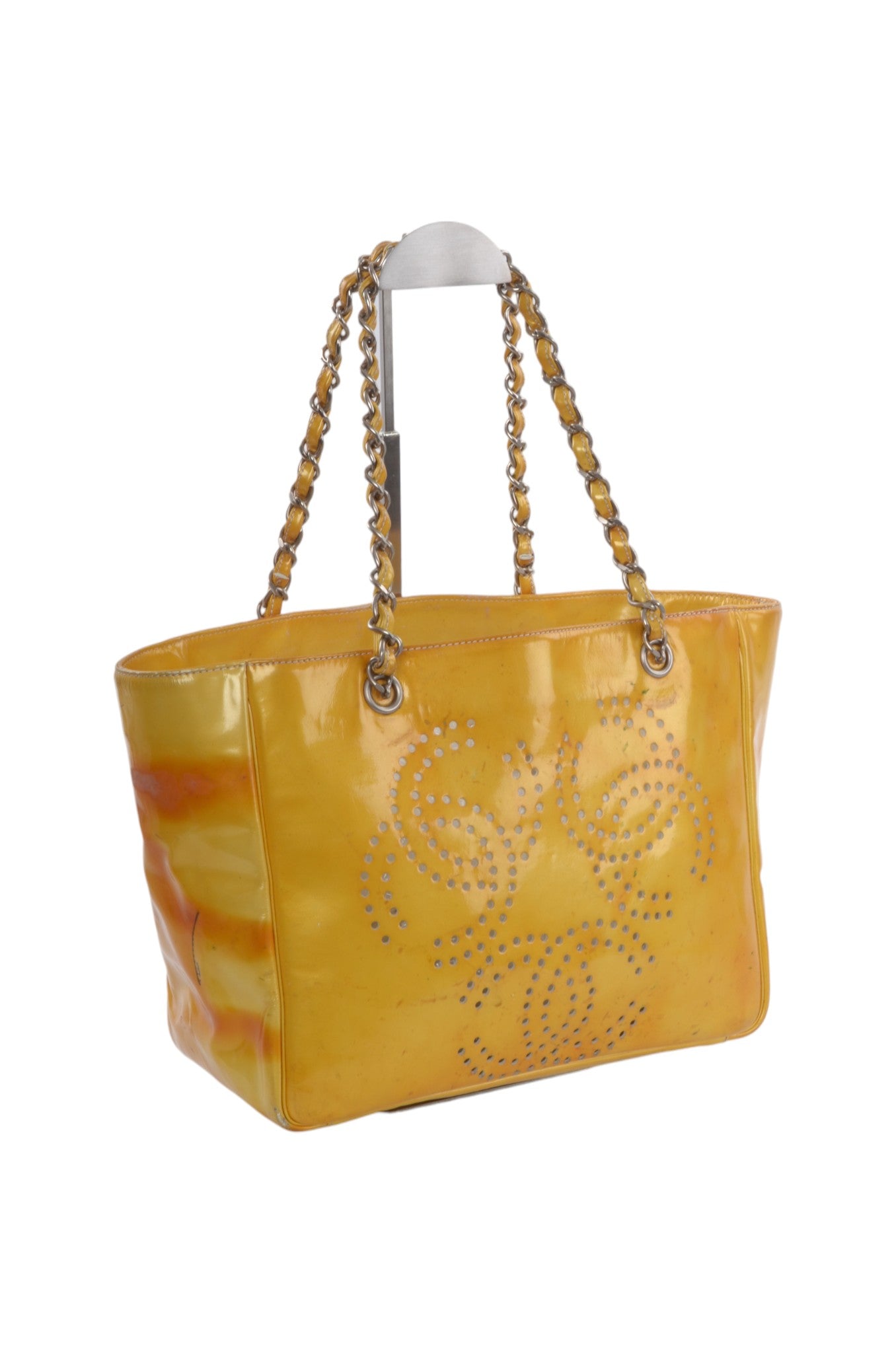 Chanel CC Logo Chain Shoulder Bag Patent Leather Tote Handbag Vintage Orange Designer Classic Authentic