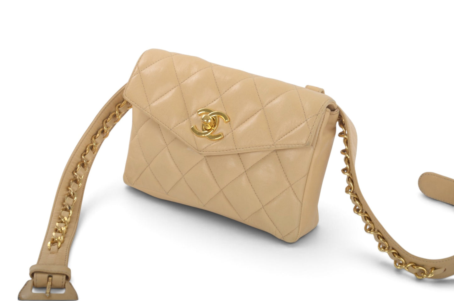 Chanel Matelasse Waistbag Pouch Waist Bag Lambskin Turn Lock Coco Mark Leather Beige Body Bag