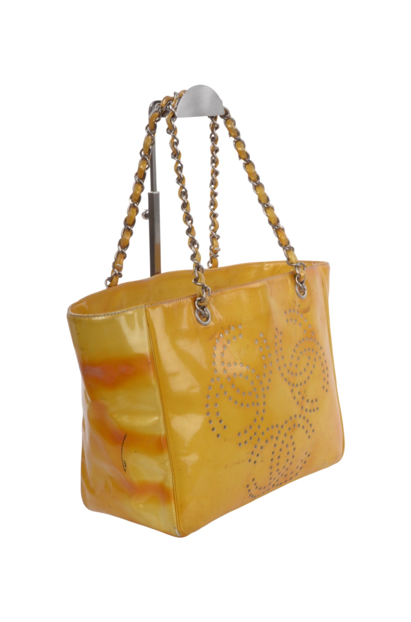 Chanel CC Logo Chain Shoulder Bag Patent Leather Tote Handbag Vintage Orange Designer Classic Authentic