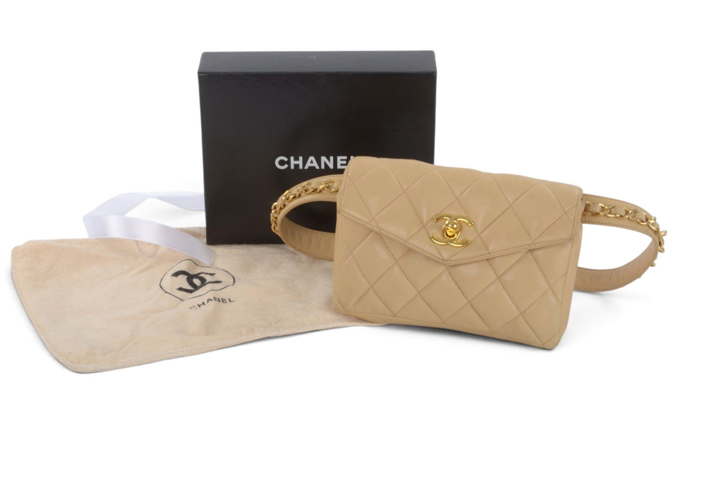Chanel Matelasse Waistbag Pouch Waist Bag Lambskin Turn Lock Coco Mark Leather Beige Body Bag