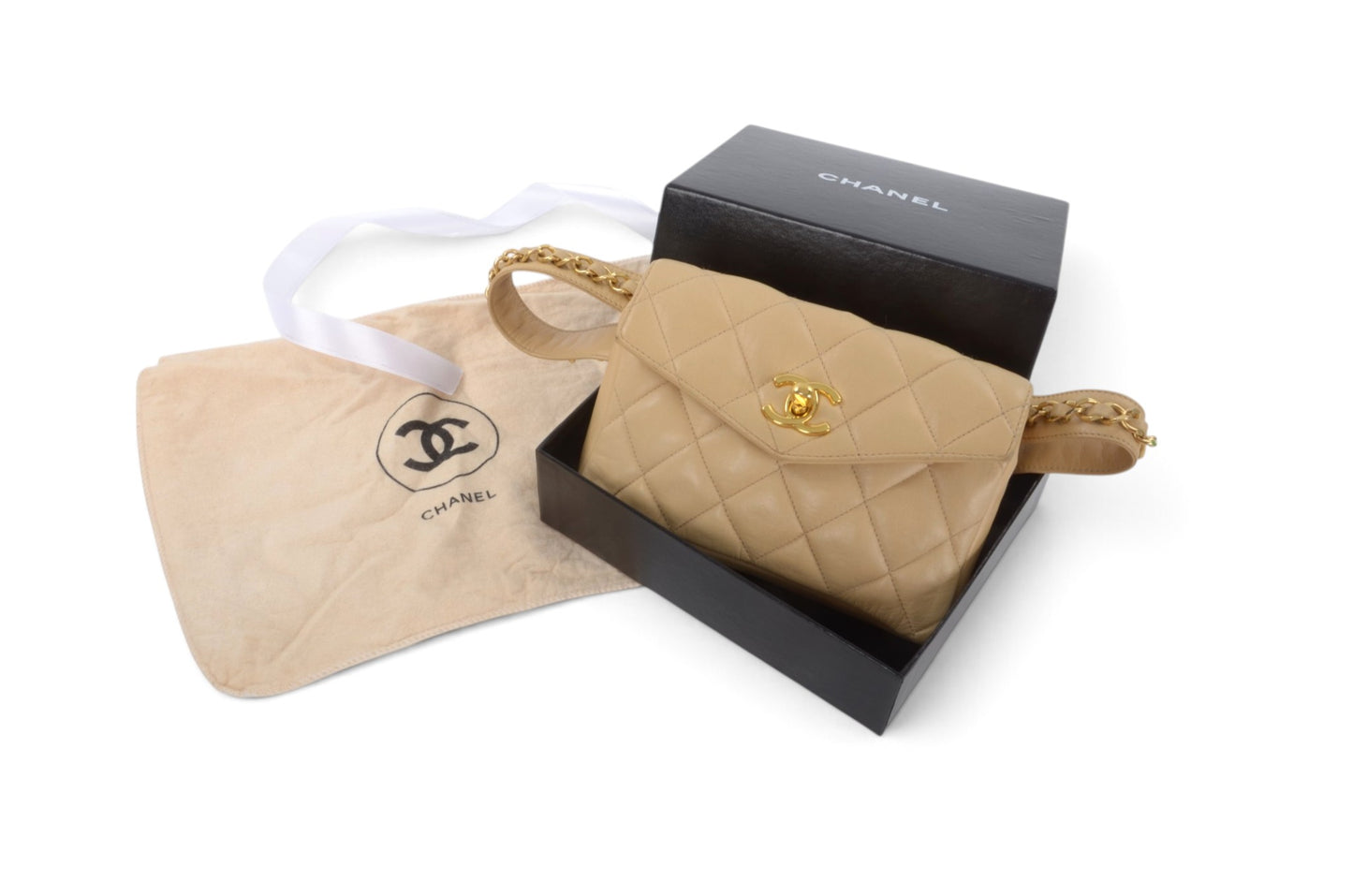 Chanel Matelasse Waistbag Pouch Waist Bag Lambskin Turn Lock Coco Mark Leather Beige Body Bag