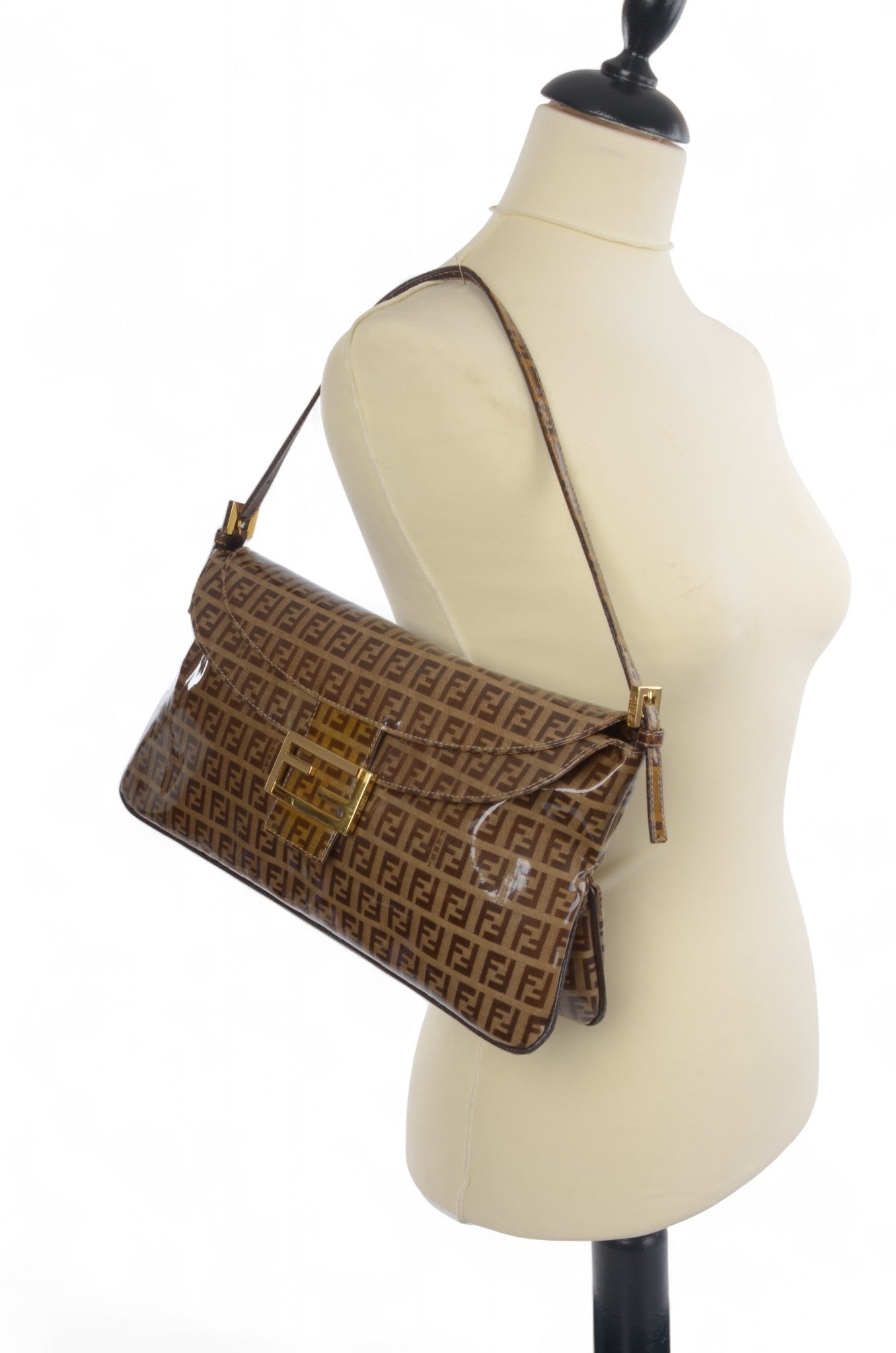 Fendi Baguette Crystal Double Flap 90s Zucca Zucchino Shoulder Bag Handbag Patent Leather Vintage Brown Designer Classic Rare Authentic