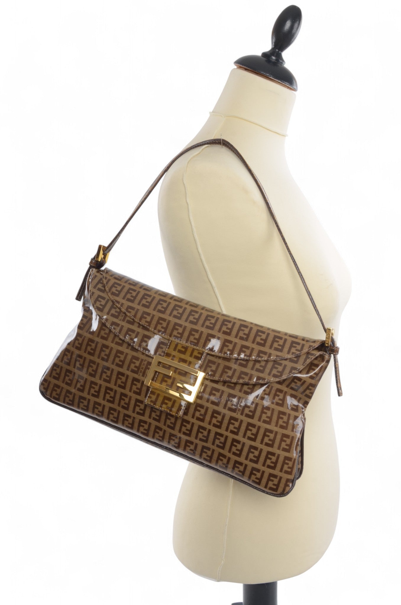 Fendi Baguette Crystal Double Flap 90s Zucca Zucchino Shoulder Bag Handbag Patent Leather Vintage Brown Designer Classic Rare Authentic