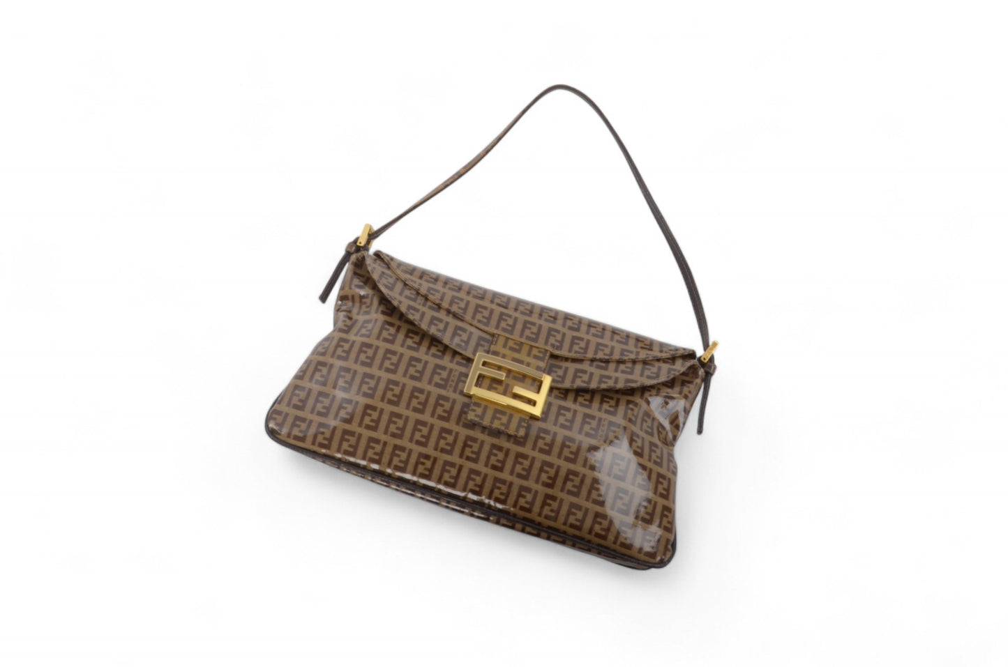 Fendi Baguette Crystal Double Flap 90s Zucca Zucchino Shoulder Bag Handbag Patent Leather Vintage Brown Designer Classic Rare Authentic