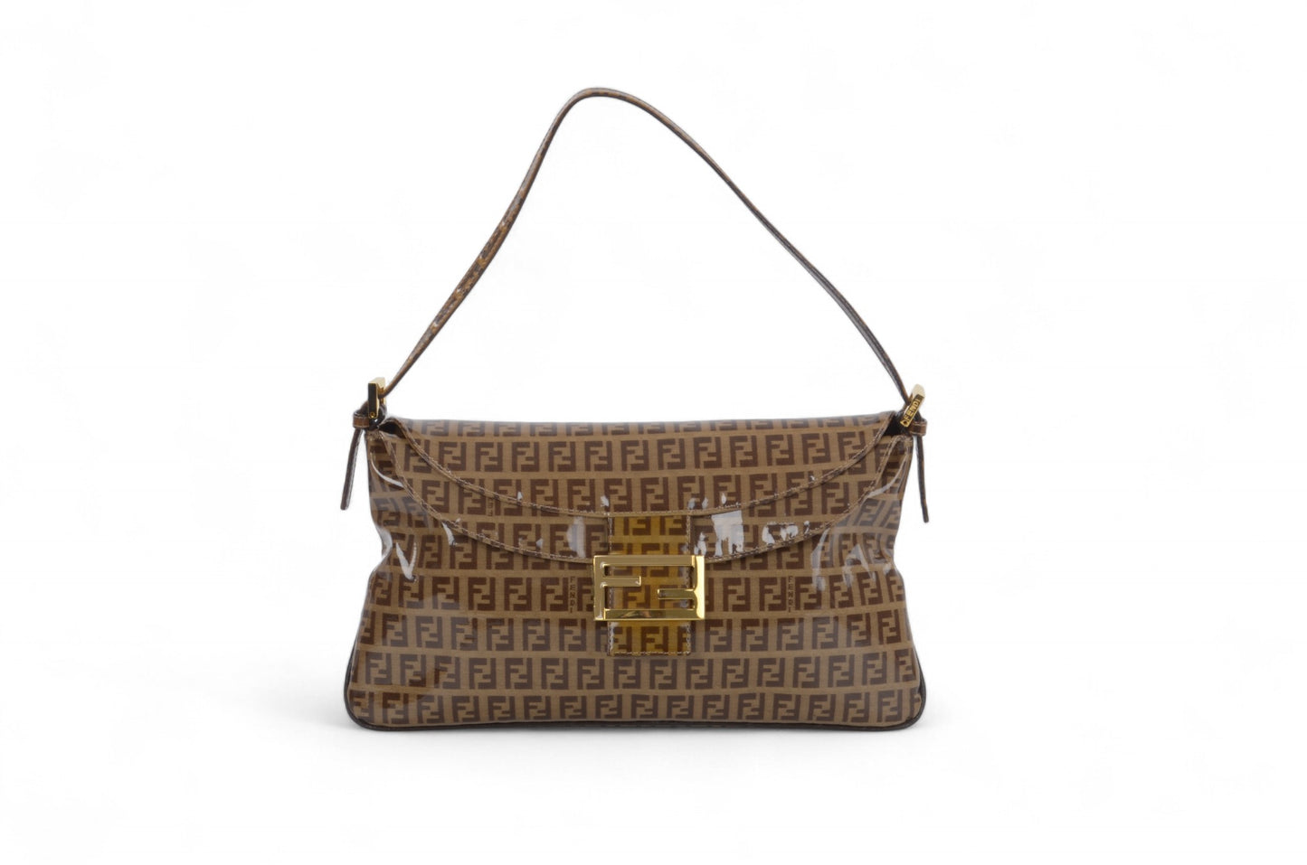 Fendi Baguette Crystal Double Flap 90s Zucca Zucchino Shoulder Bag Handbag Patent Leather Vintage Brown Designer Classic Rare Authentic