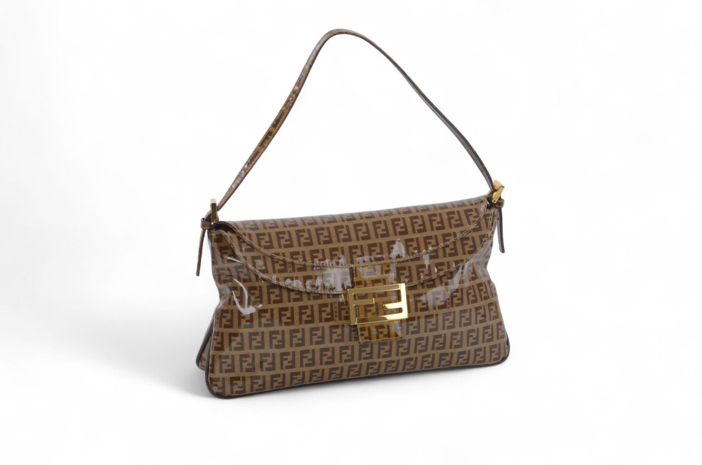 Fendi Baguette Crystal Double Flap 90s Zucca Zucchino Shoulder Bag Handbag Patent Leather Vintage Brown Designer Classic Rare Authentic