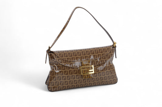 Fendi Baguette Crystal Double Flap 90s Zucca Zucchino Shoulder Bag Handbag Patent Leather Vintage Brown Designer Classic Rare Authentic