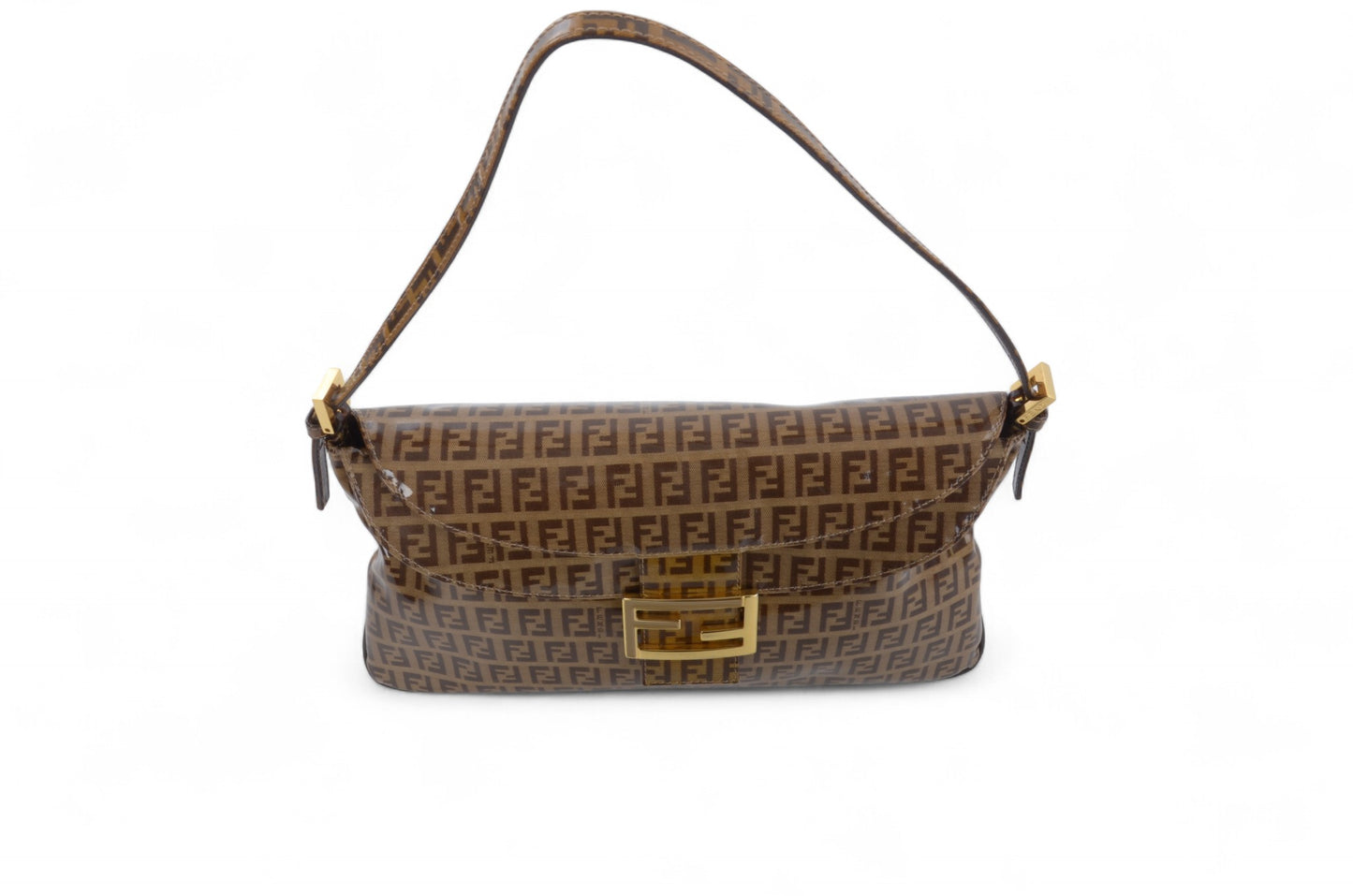 Fendi Baguette Crystal Double Flap 90s Zucca Zucchino Shoulder Bag Handbag Patent Leather Vintage Brown Designer Classic Rare Authentic