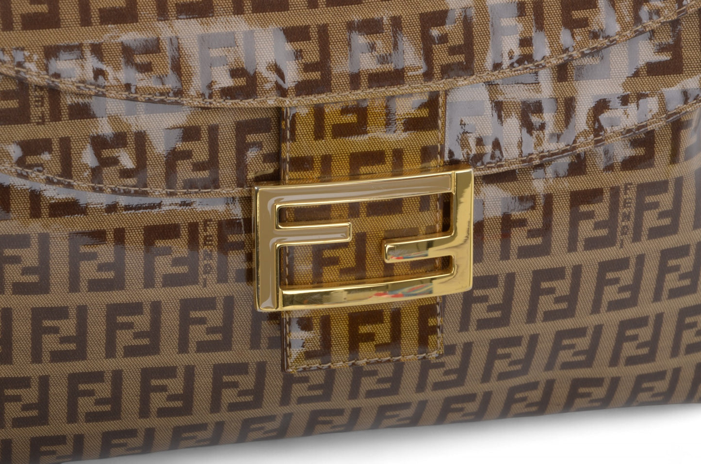 Fendi Baguette Crystal Double Flap 90s Zucca Zucchino Shoulder Bag Handbag Patent Leather Vintage Brown Designer Classic Rare Authentic