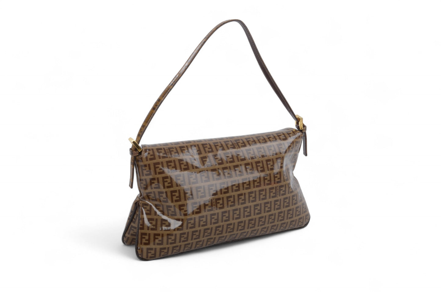 Fendi Baguette Crystal Double Flap 90s Zucca Zucchino Shoulder Bag Handbag Patent Leather Vintage Brown Designer Classic Rare Authentic