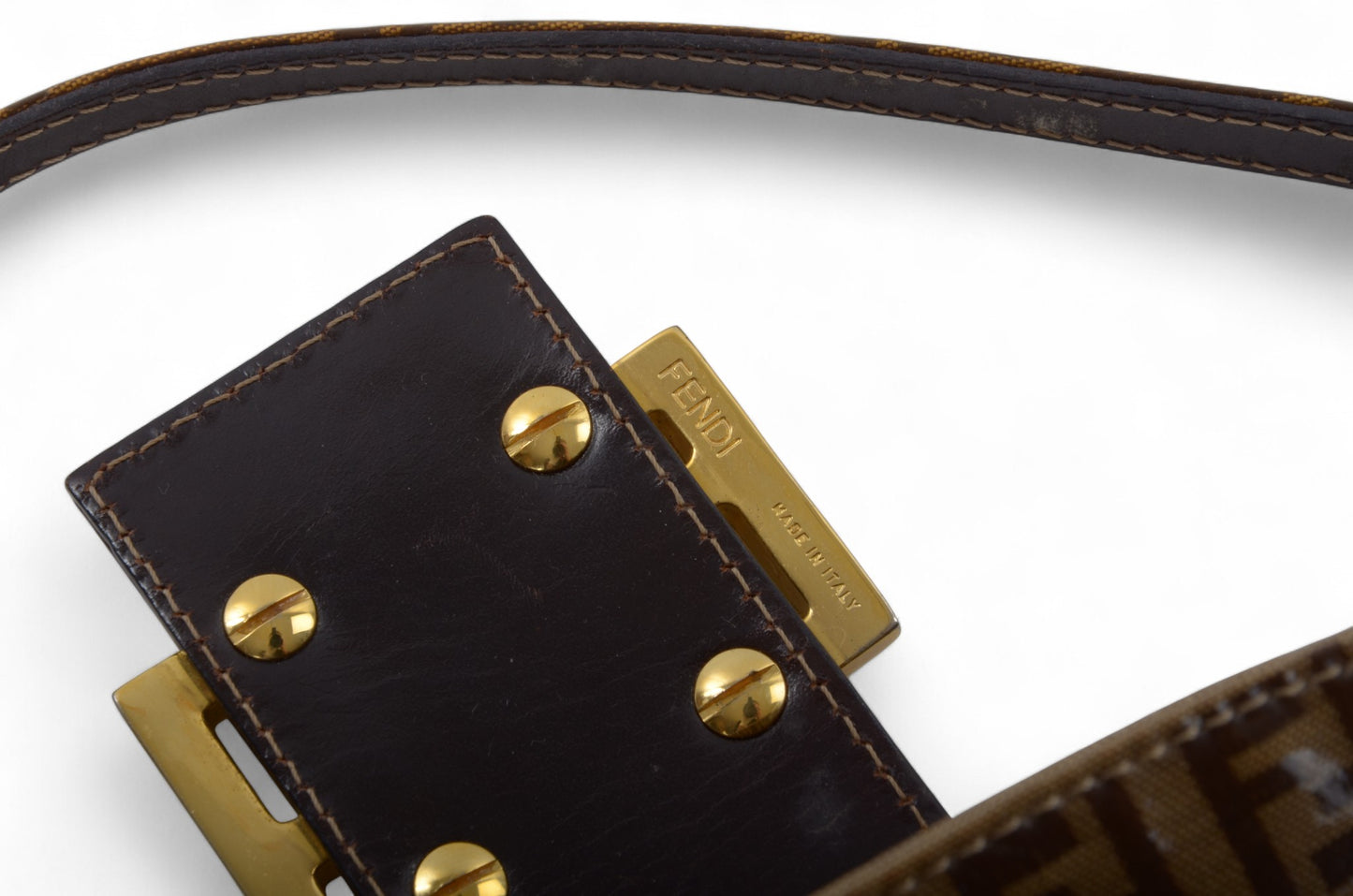 Fendi Baguette Crystal Double Flap 90s Zucca Zucchino Shoulder Bag Handbag Patent Leather Vintage Brown Designer Classic Rare Authentic