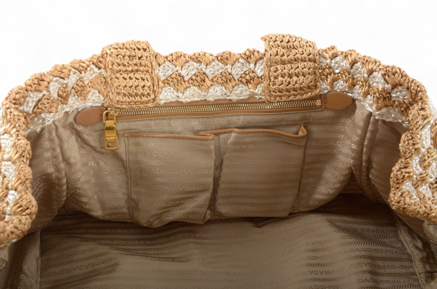 Prada Raffia Large Crochet Tote Bi-Color Handbag Beachbag Canapa Woven Summer Bag