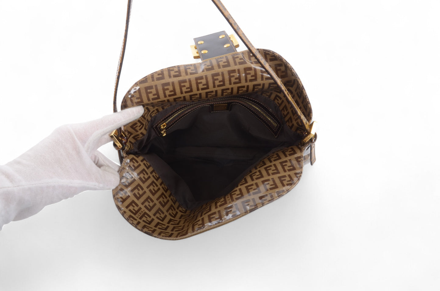 Fendi Baguette Crystal Double Flap 90s Zucca Zucchino Shoulder Bag Handbag Patent Leather Vintage Brown Designer Classic Rare Authentic