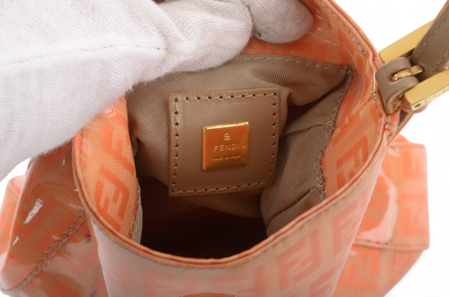 Fendi Zucca Mini Bag Handbag Patent Leather Vintage Orange Apricot Designer Classic Rare Authentic