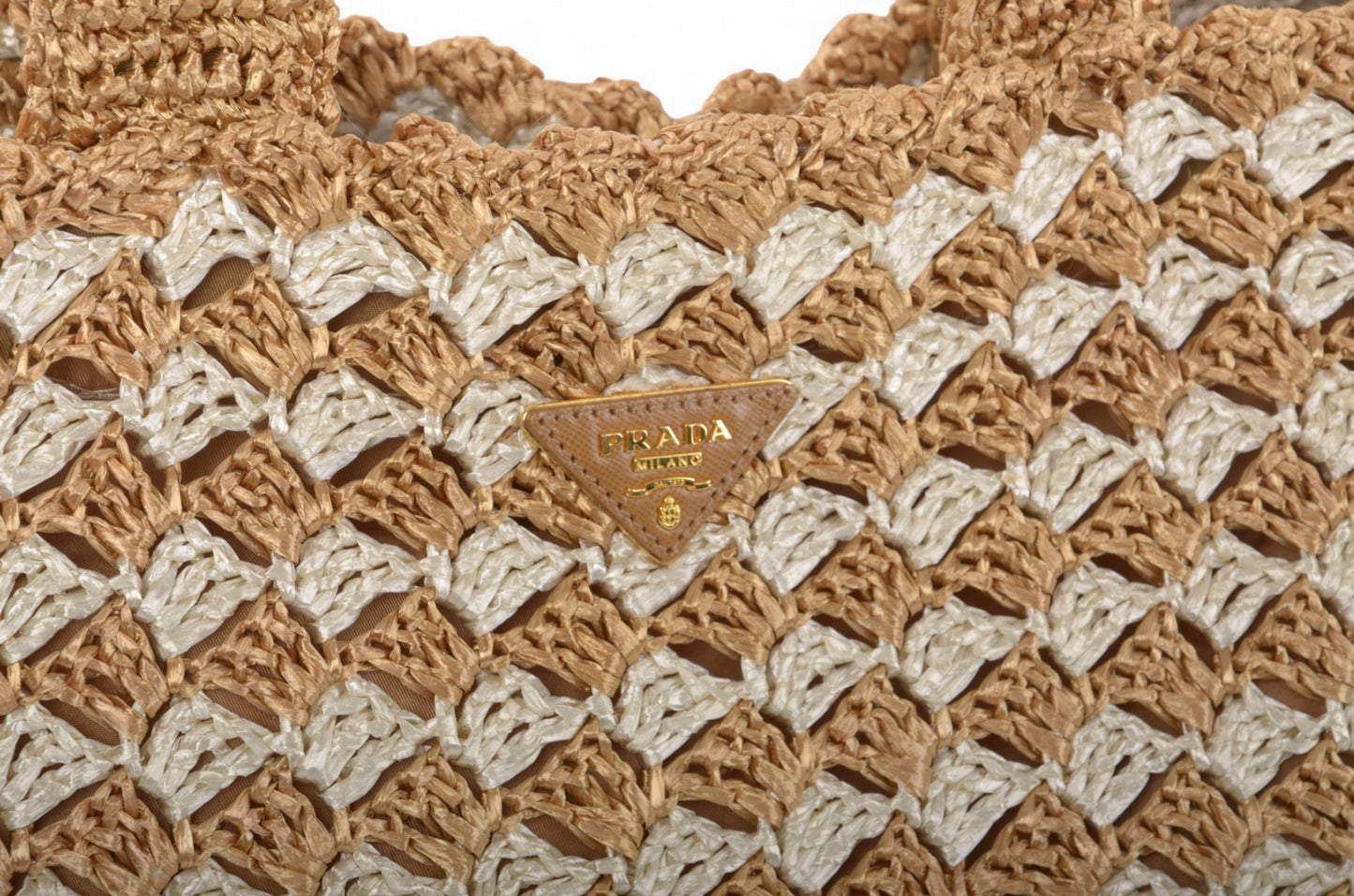 Prada Raffia Large Crochet Tote Bi-Color Handbag Beachbag Canapa Woven Summer Bag