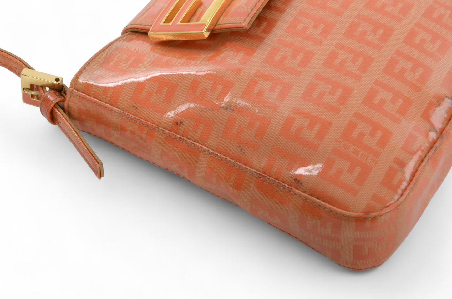 Fendi Zucca Mini Bag Handbag Patent Leather Vintage Orange Apricot Designer Classic Rare Authentic