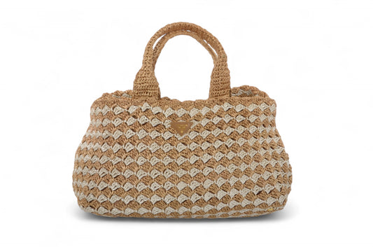Prada Raffia Large Crochet Tote Bi-Color Handbag Beachbag Canapa Woven Summer Bag