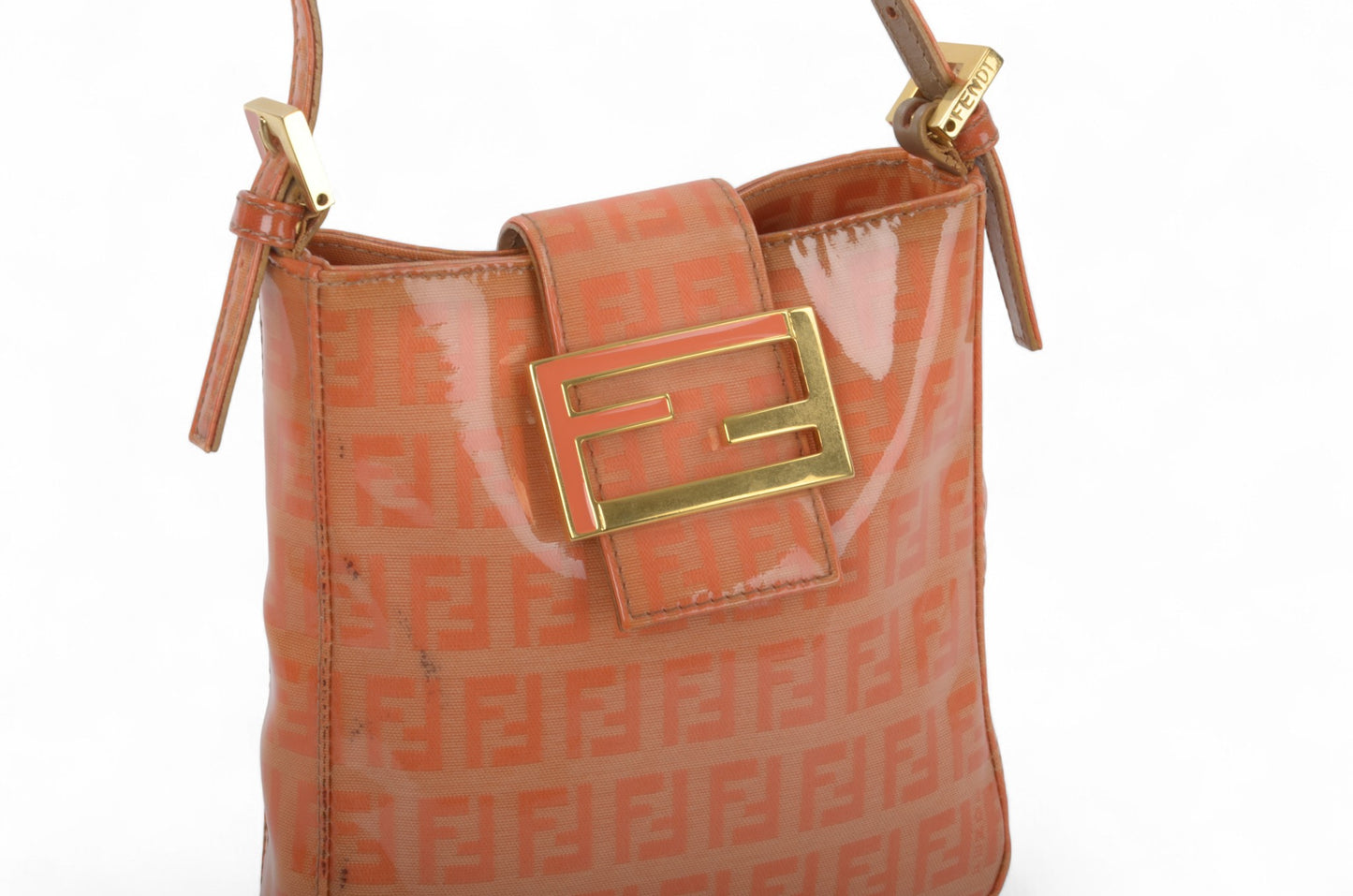 Fendi Zucca Mini Bag Handbag Patent Leather Vintage Orange Apricot Designer Classic Rare Authentic