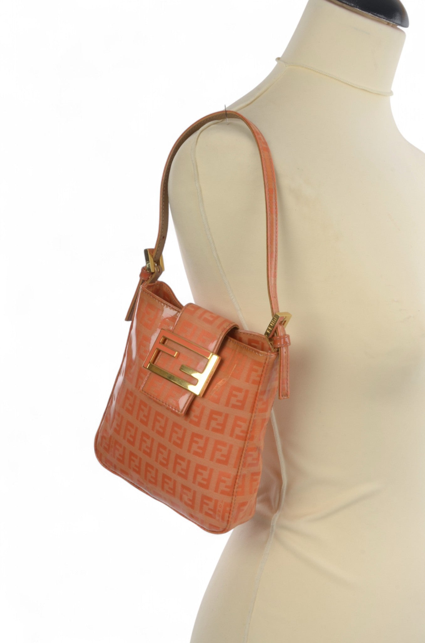 Fendi Zucca Mini Bag Handbag Patent Leather Vintage Orange Apricot Designer Classic Rare Authentic