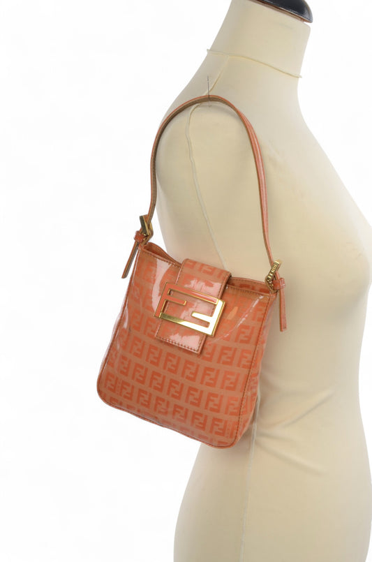 Fendi Zucca Mini Bag Handbag Patent Leather Vintage Orange Apricot Designer Classic Rare Authentic